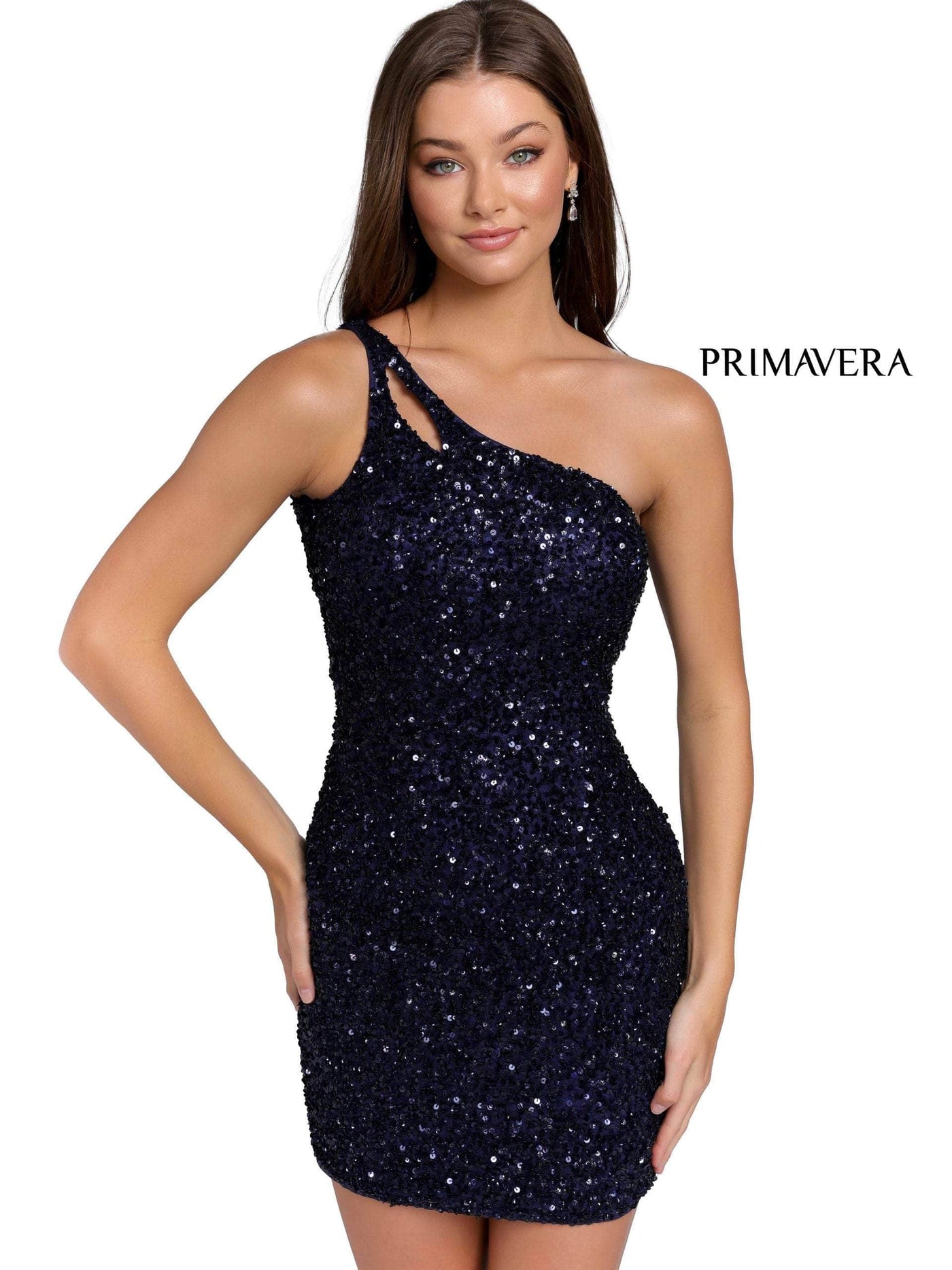Primavera Couture - 3573 One Shoulder Sequined Fitted Cocktail Dress Homecoming Dresses 00 / Midnight