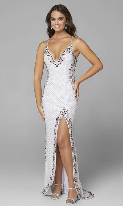 Primavera Couture - 3604 Embellished Plunging V Neck Long Dress Evening Dresses 00 / Ivory Multi