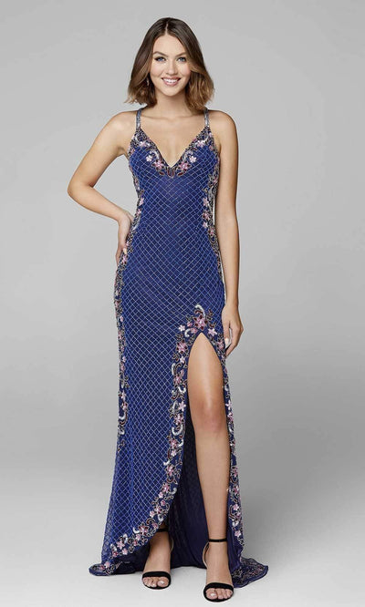 Primavera Couture - 3604 Embellished Plunging V Neck Long Dress Special Occasion Dress 00 / Midnight Multi