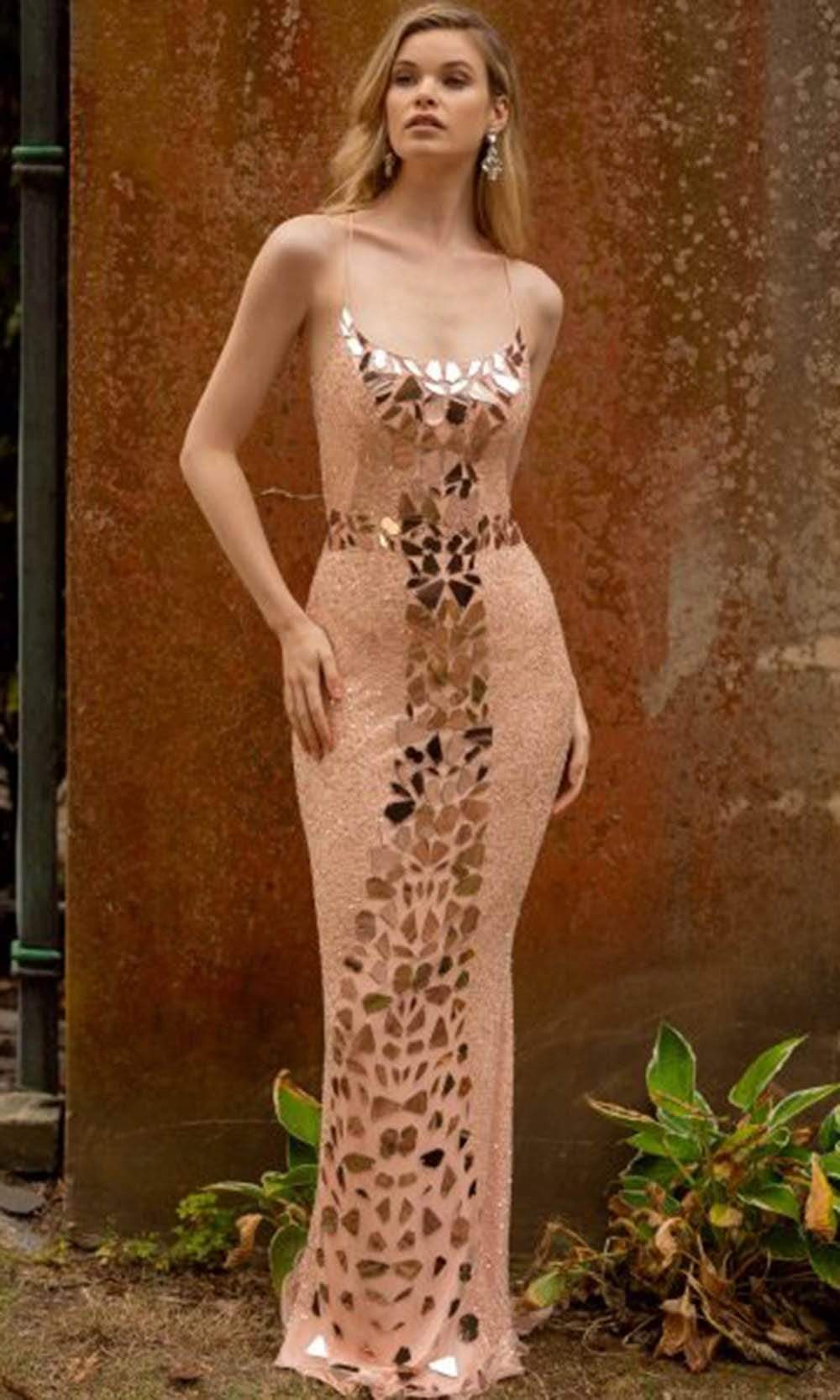 Primavera Couture - 3616 Fully Beaded Cut-Glass Accent Evening Dress Prom Dresses 00 / Rose Gold