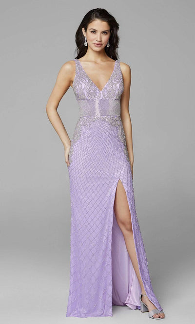 Primavera Couture - 3617 V-Neck Fitted Midriff Fully Beaded Dress Evening Dresses 00 / Lilac