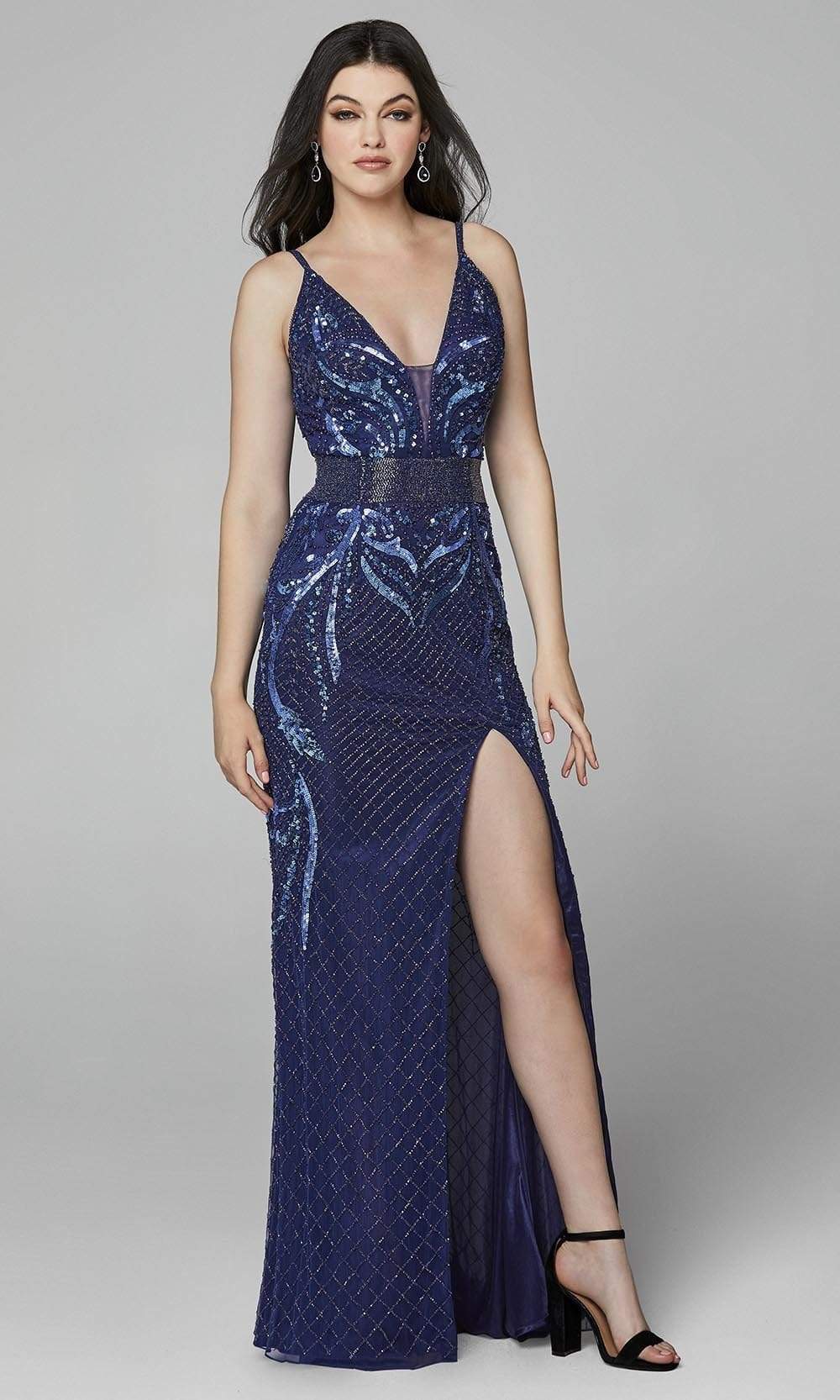 Primavera Couture - 3626 Sequined Deep V Neck Sheath Dress With Slit Prom Dresses 00 / Midnight