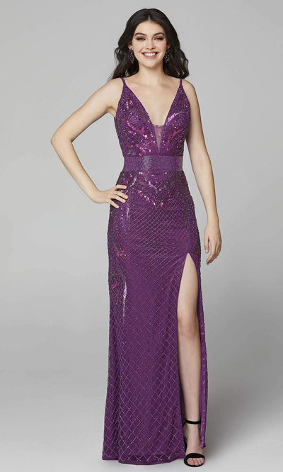 Primavera Couture - 3626 Sequined Deep V Neck Sheath Dress With Slit Prom Dresses 00 / Plum