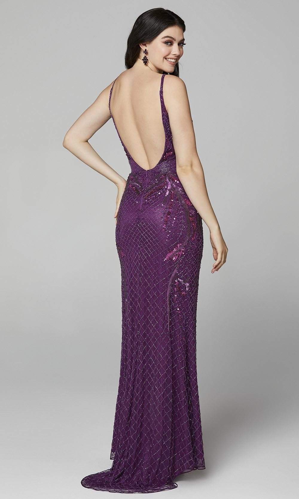 Primavera Couture - 3626 Sequined Deep V Neck Sheath Dress With Slit Prom Dresses