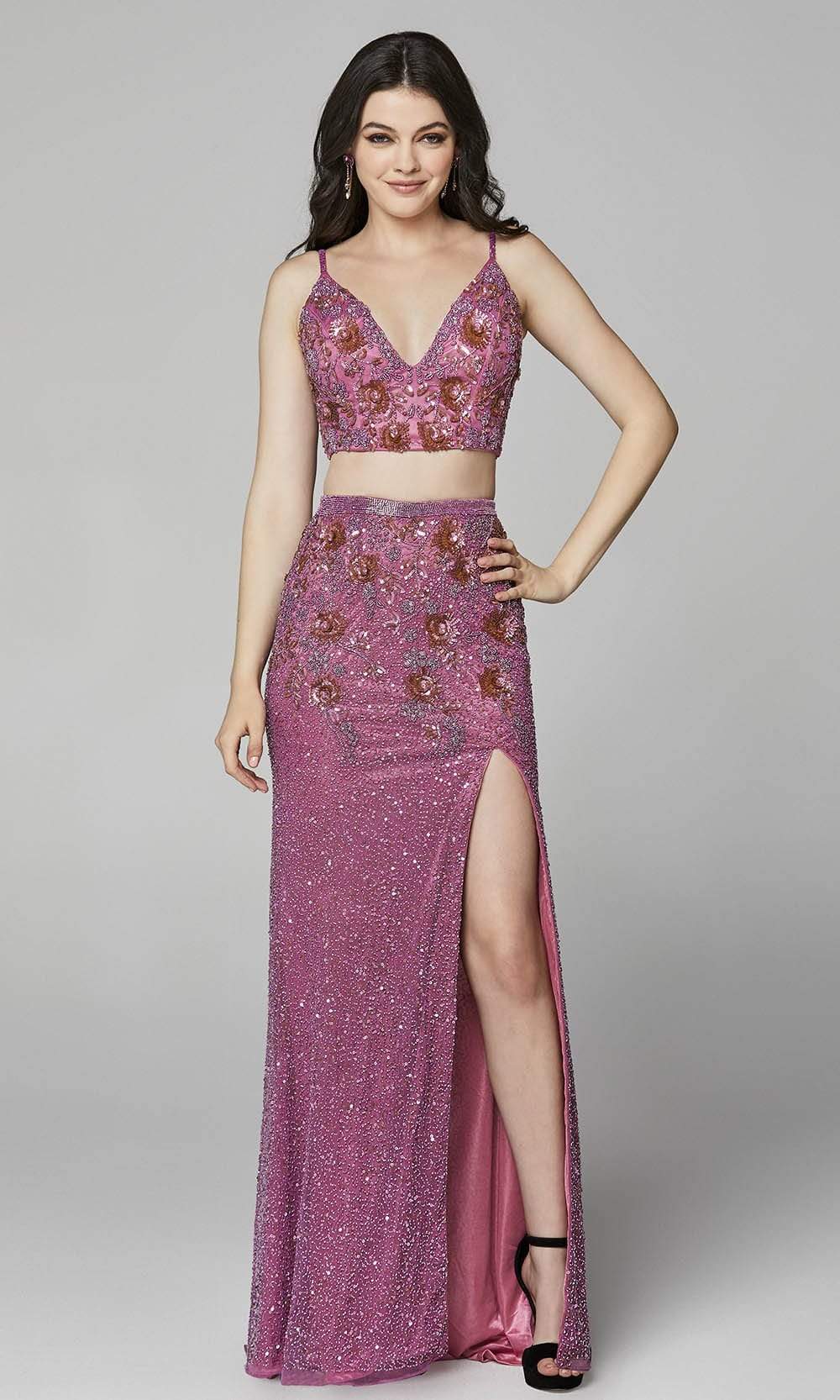 Primavera Couture - 3647 Two Piece Plunging V Neck Dress Prom Dresses 00 / Raspberry