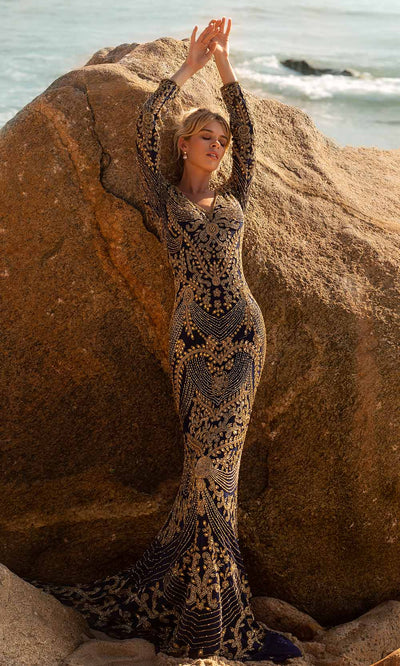 Primavera Couture - 3690SC Striking Detailed Sheath Long Gown In Blue and Gold
