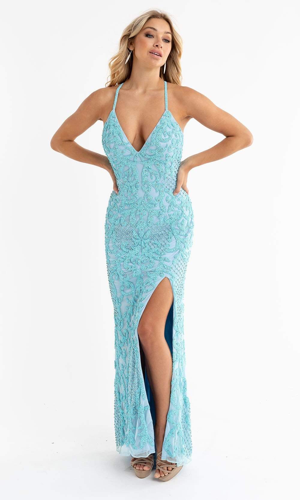 Primavera Couture - 3721 Beaded V-Neck With Slit Gown Special Occasion Dress 00 / Light Turquoise