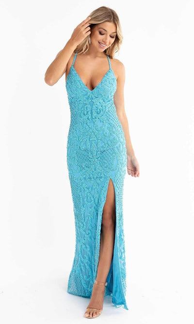 Primavera Couture 3721 - V-Neck Beaded Appliqued Prom Gown Prom Dresses 2 / Turquoise