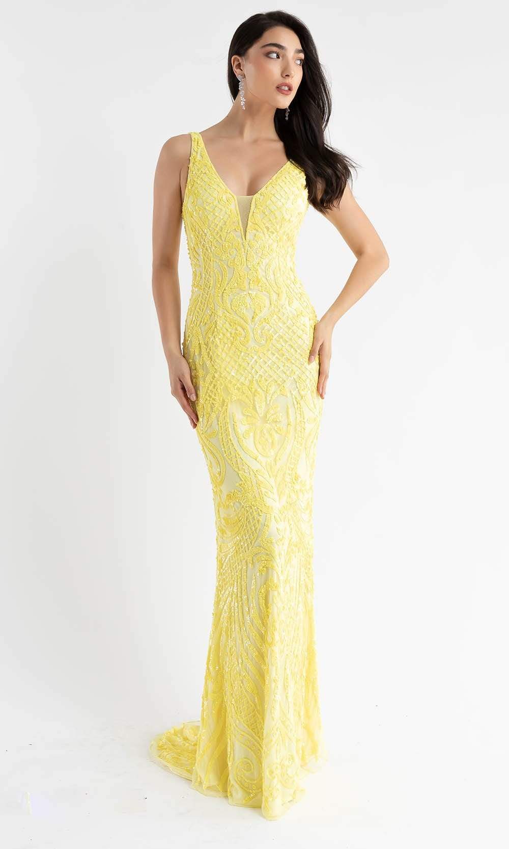 Primavera Couture - 3722 V-Neck Iridescent Sequin Gown Special Occasion Dress 00 / Yellow