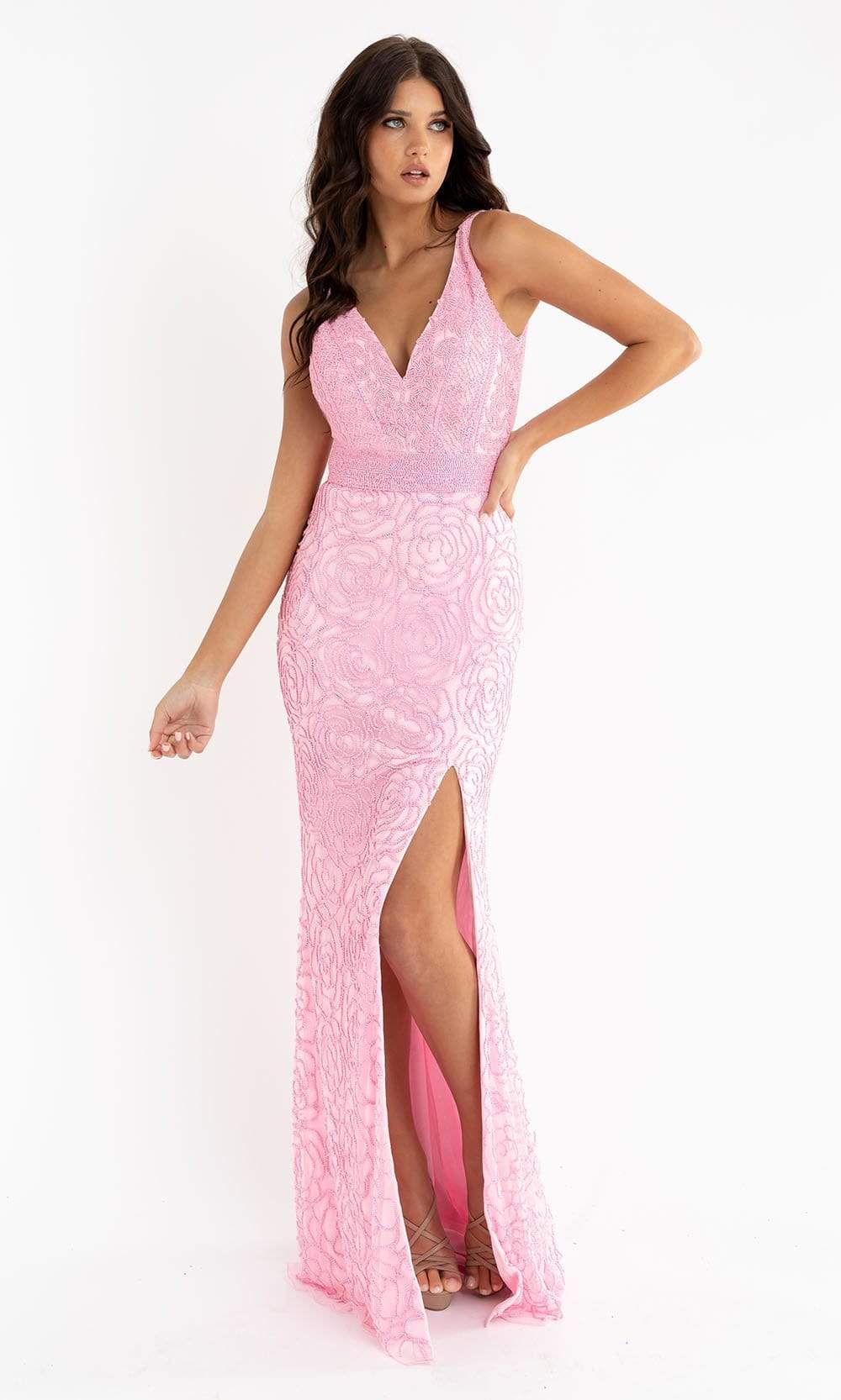 Primavera Couture - 3723 V-Neck Floral Pattern Beaded Gown Special Occasion Dress 00 / Pink