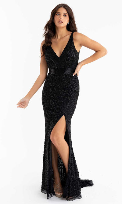 Primavera Couture - 3723 V-Neck Floral Pattern Beaded Gown Special Occasion Dress