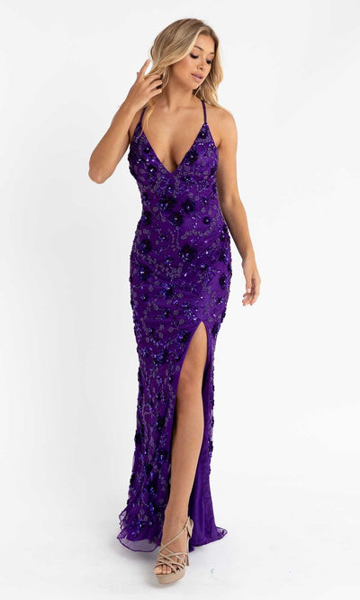 Primavera Couture - 3731 Sleeveless Plunging V-Neck Dress Special Occasion Dress 00 / Purple
