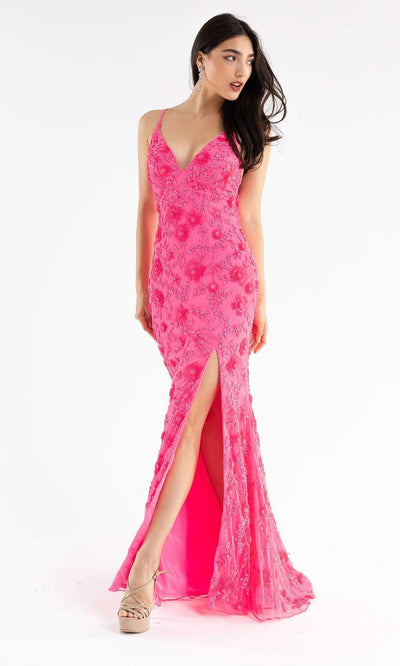 Primavera Couture - 3731 Sleeveless Plunging V-Neck Dress In Pink