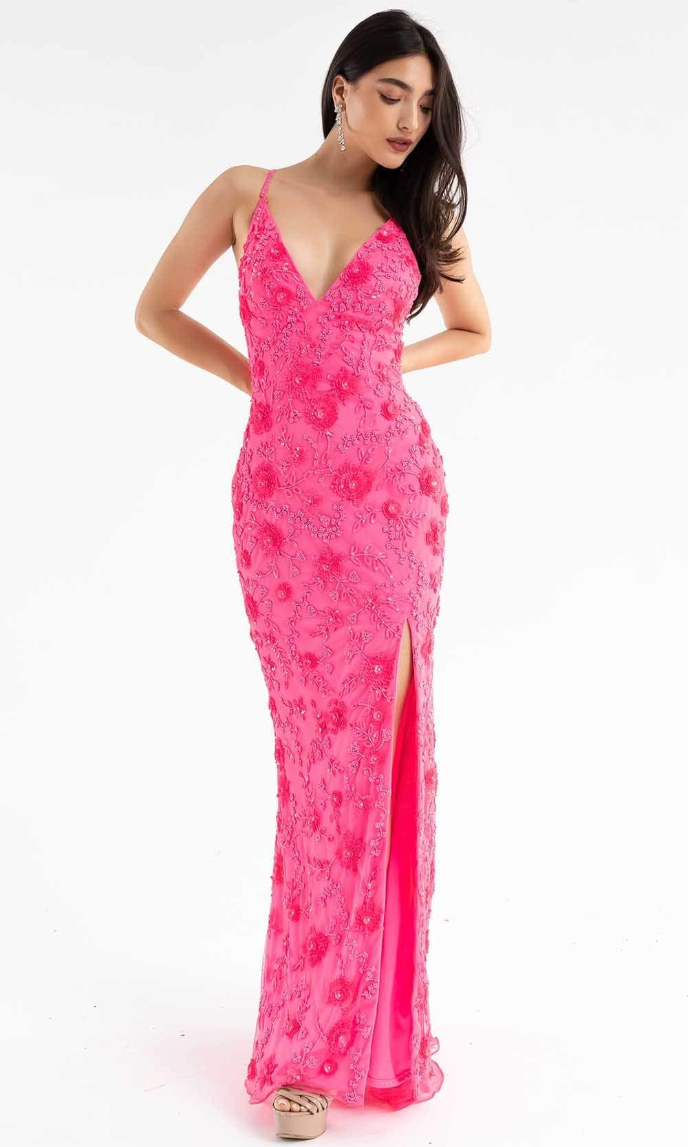Primavera Couture - 3731 Sleeveless Plunging V-Neck Dress In Pink