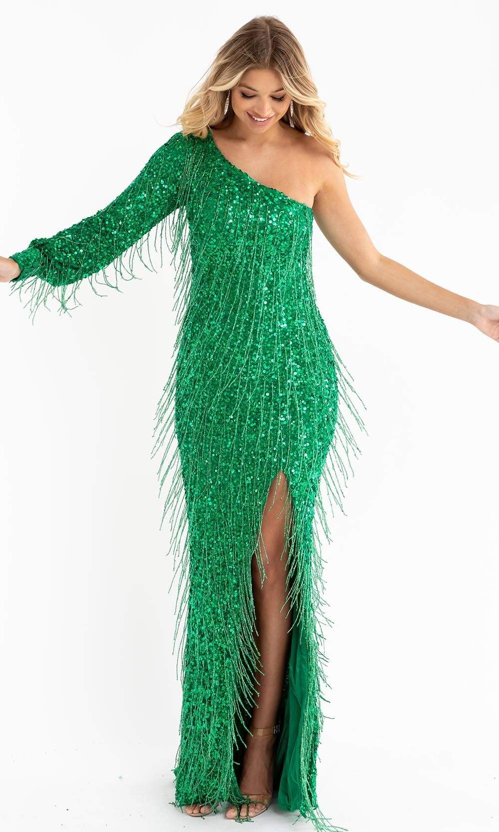 Primavera Couture - 3739 Sequin Asymmetrical Gown Special Occasion Dress 00 / Emerald