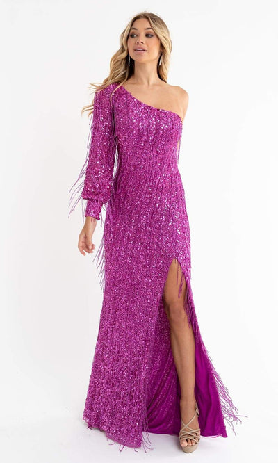 Primavera Couture - 3739 Sequin Asymmetrical Gown Special Occasion Dress 00 / Fushia