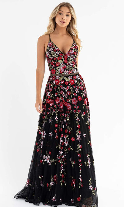 Primavera Couture - 3740 Trailing Floral Sequins Plunging V Neckline Ballgown Special Occasion Dress 00 / Black Multi