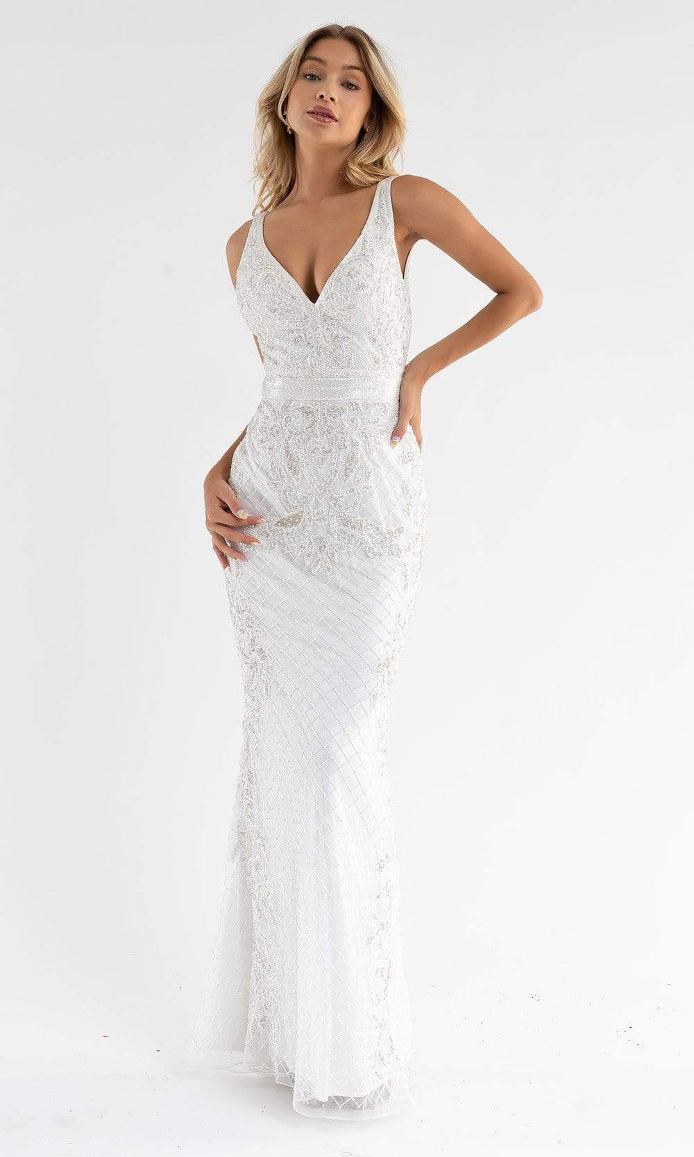 Primavera Couture - 3741 V-Neck Beaded Lace Long Gown Special Occasion Dress 00 / Ivory