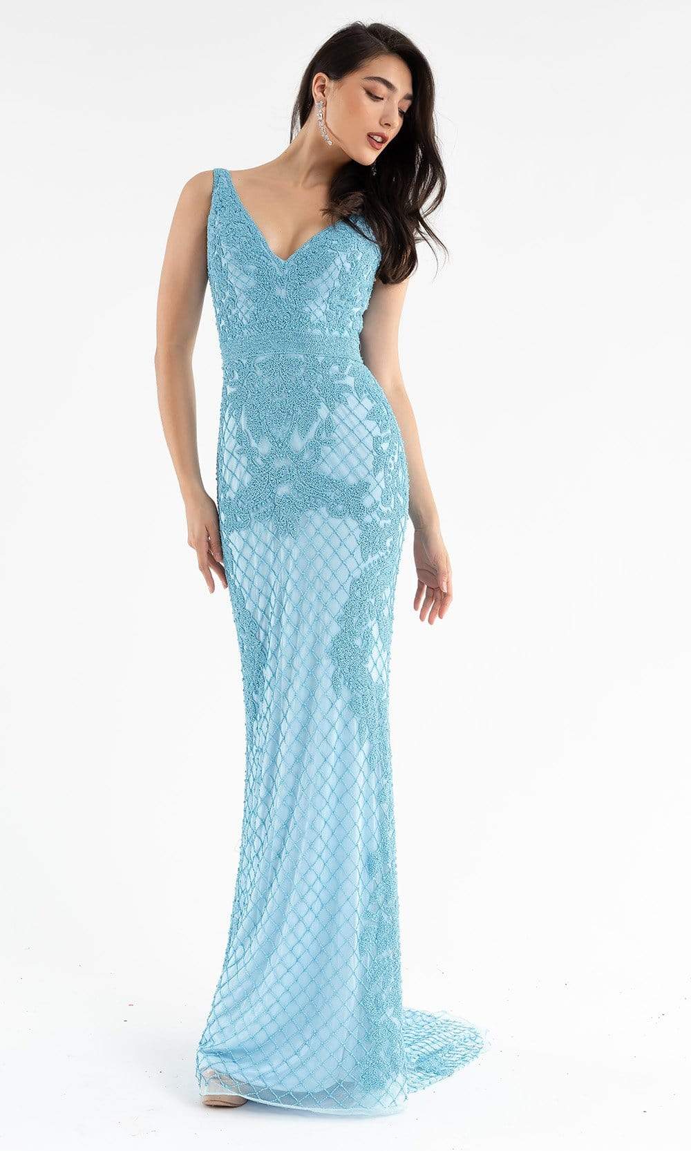 Primavera Couture - 3741 V-Neck Beaded Lace Long Gown Special Occasion Dress 00 / Light Turquoise