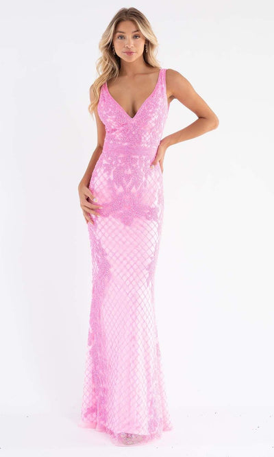 Primavera Couture - 3741 V-Neck Beaded Lace Long Gown Special Occasion Dress 00 / Pink
