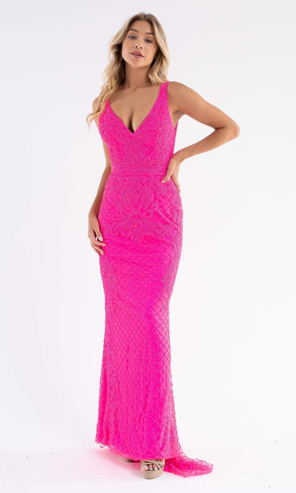 Primavera Couture - 3741 V-Neck Beaded Lace Long Gown Special Occasion Dress