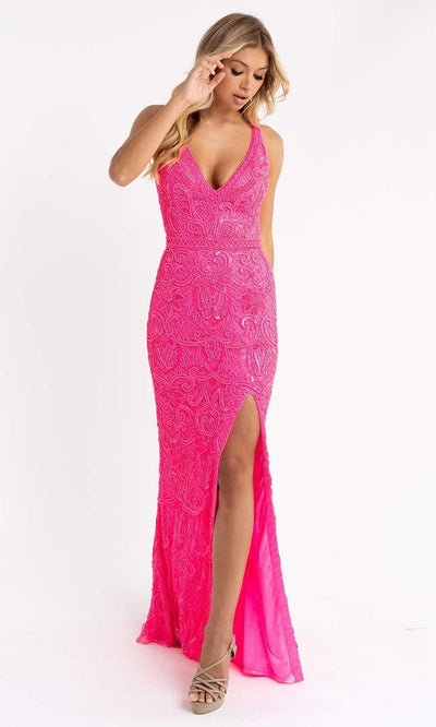 Primavera Couture - 3745 Beaded Sleeveless Wide Strap Gown Special Occasion Dress 00 / Neon Pink