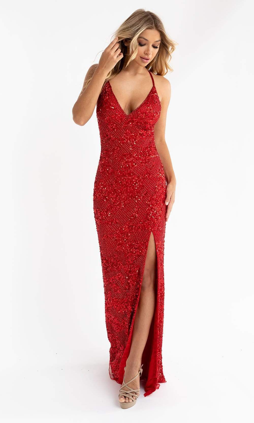 Primavera Couture - 3760 Sequin V-Neck Criss Cross Back Gown Special Occasion Dress 00 / Red