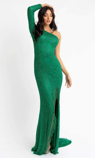 Primavera Couture - 3773 Beaded Asymmetrical One Long Sleeve Gown Special Occasion Dress 00 / Emerald