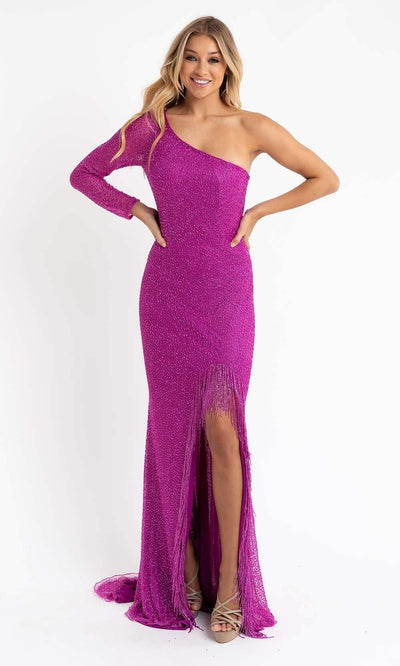 Primavera Couture - 3773 Beaded Asymmetrical One Long Sleeve Gown Special Occasion Dress 00 / Fushia