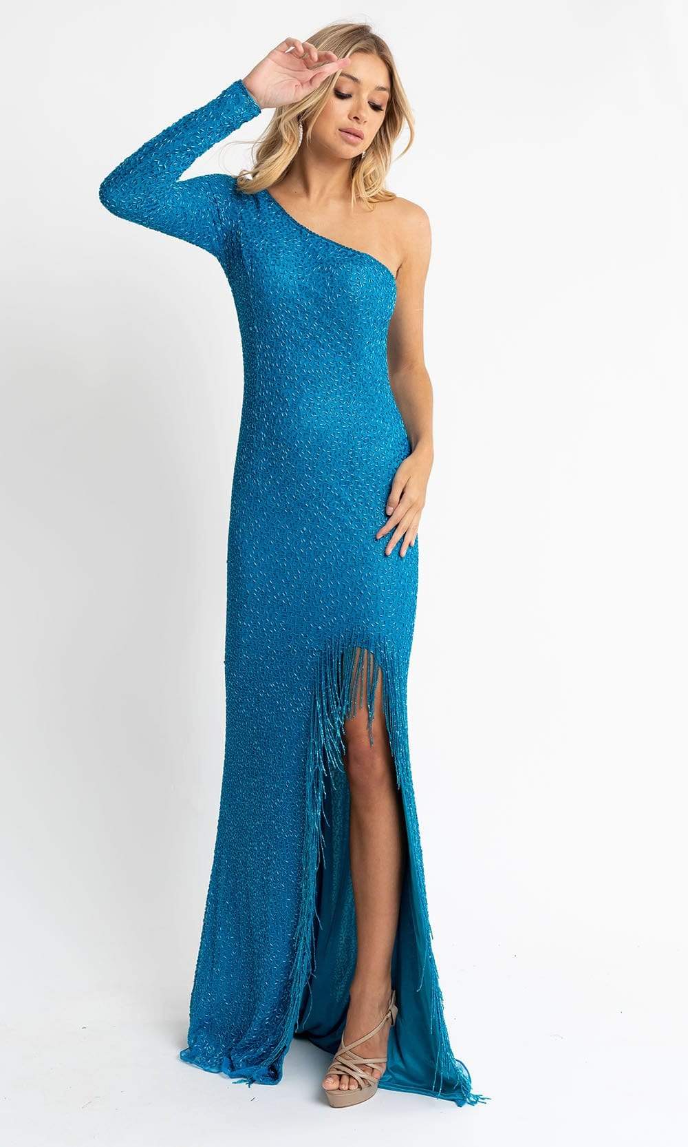Primavera Couture - 3773 Beaded Asymmetrical One Long Sleeve Gown Special Occasion Dress