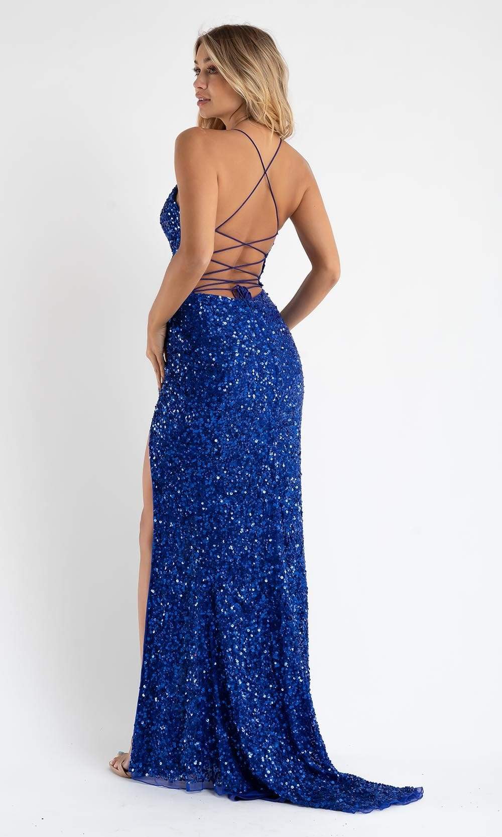 Primavera Couture - 3791 V-Neck Sequin Lace Up Dress In Blue