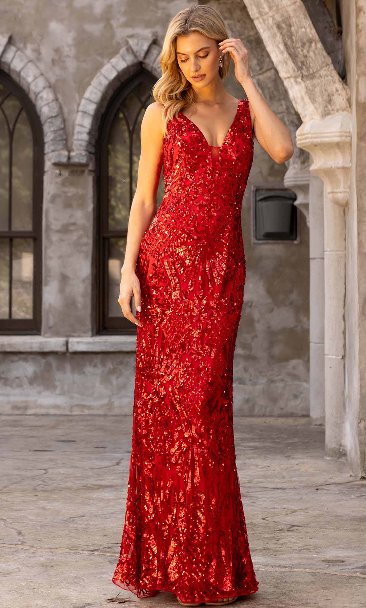 Primavera Couture 3908 - V-Back Intricate Sequin Prom Gown Special Occasion Dress 000 / Red