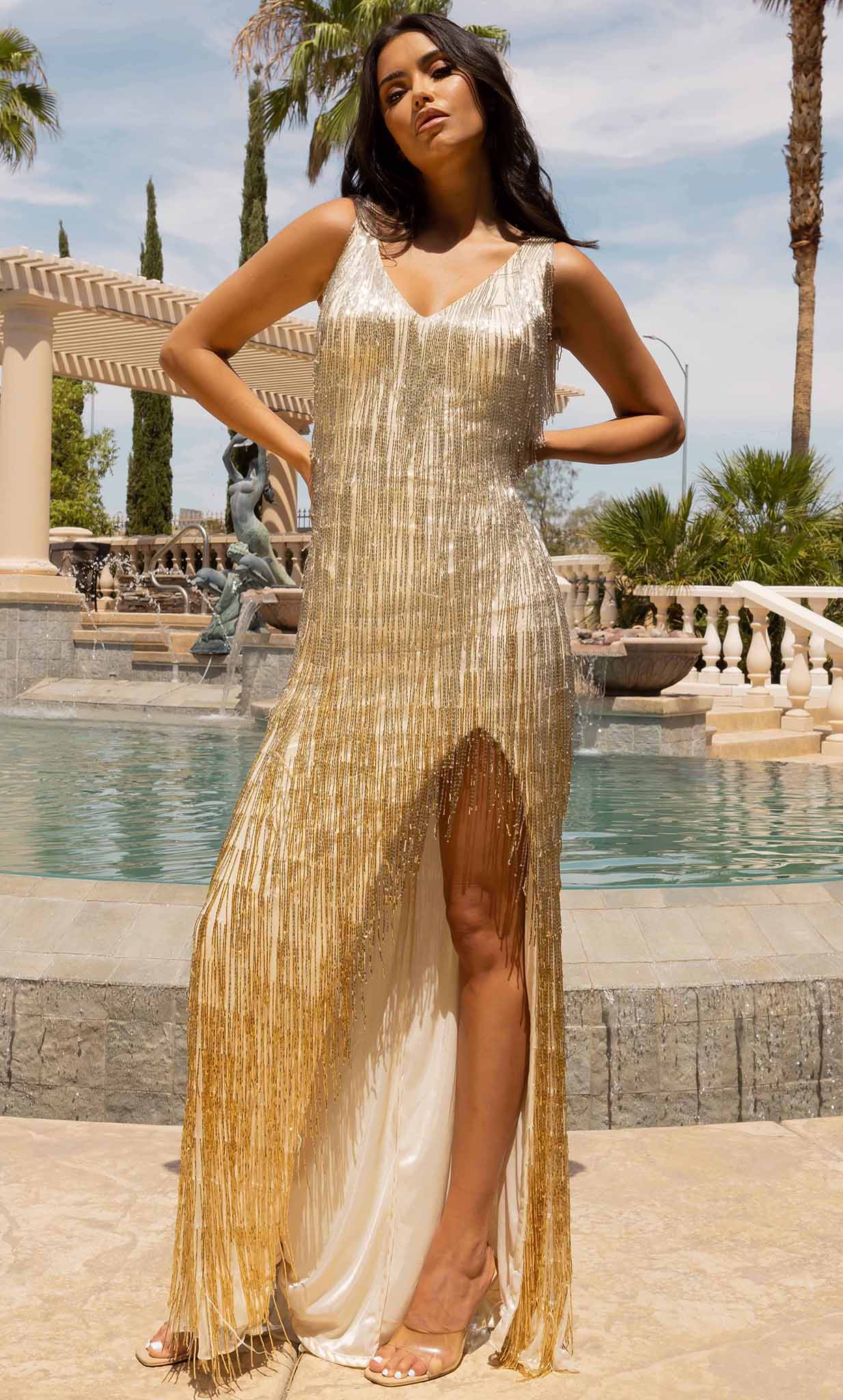 Primavera Couture 3919 - Beaded Fringed V-Neck Prom Dress Special Occasion Dress 000 / Nude Gold