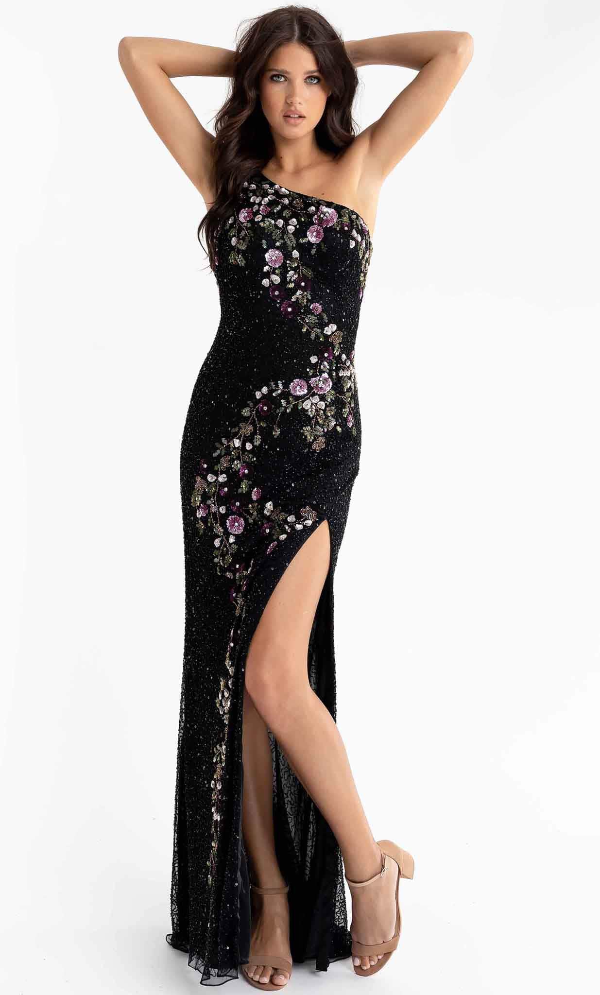 Primavera Couture 3928 - Floral Beaded Asymmetric Prom Gown Special Occasion Dress 000 / Black Multi