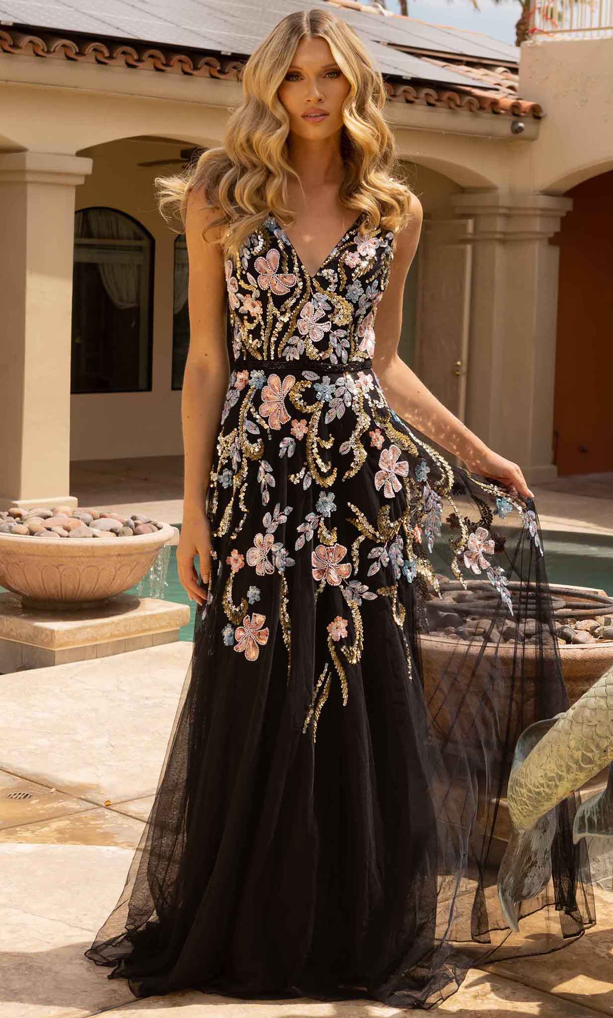 Primavera Couture 3929 - Floral Patterned Embellished Tulle Gown Prom Dresses 000 / Black