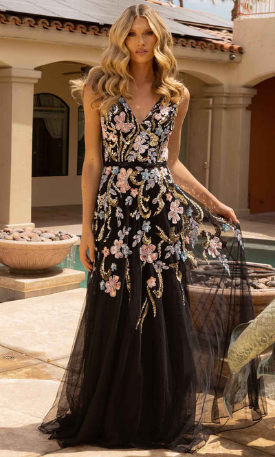 Primavera Couture 3929 - Floral Patterned Embellished Tulle Gown Prom Dresses 000 / Black