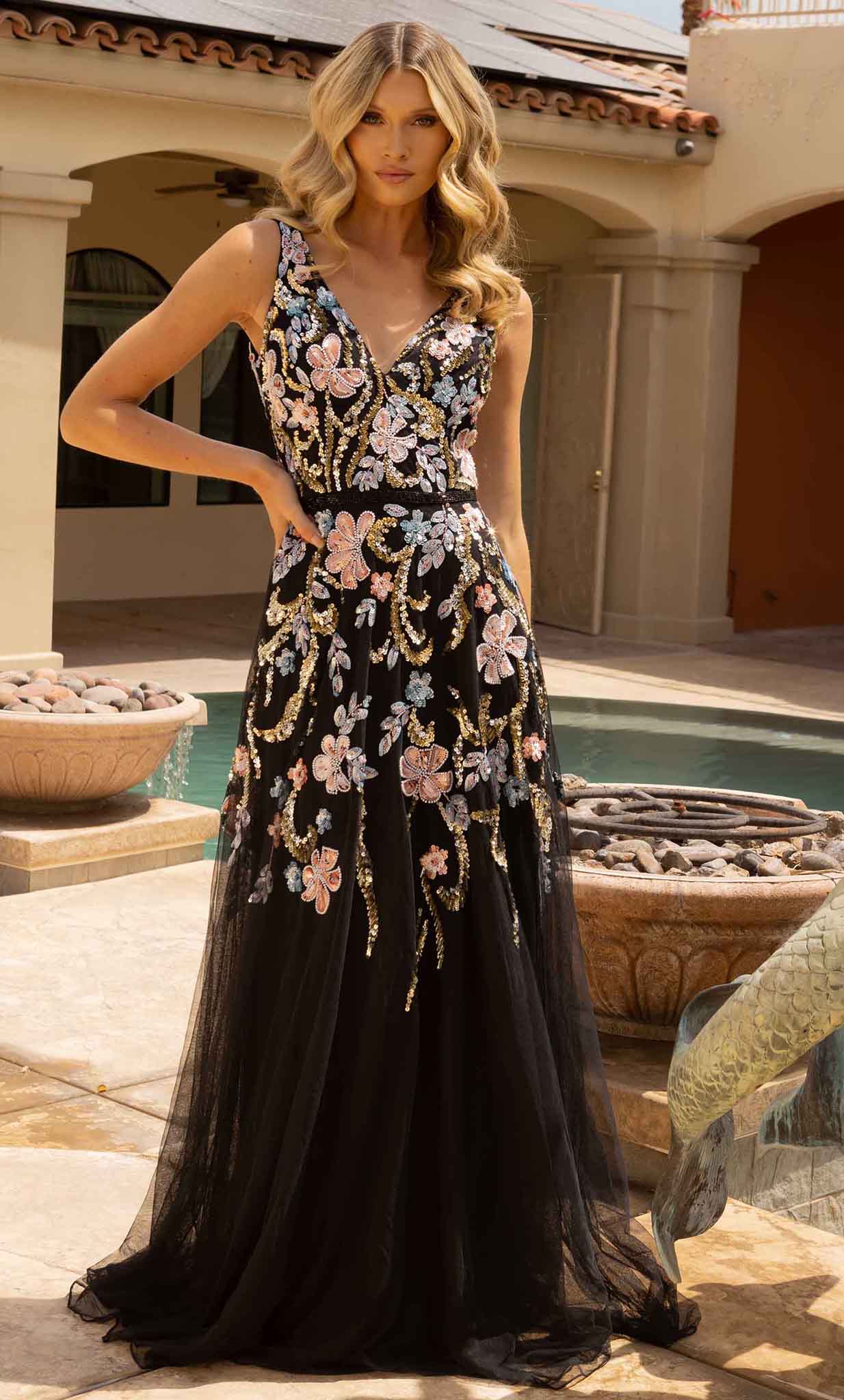 Primavera Couture 3929 - Floral Patterned Embellished Tulle Gown Prom Dresses