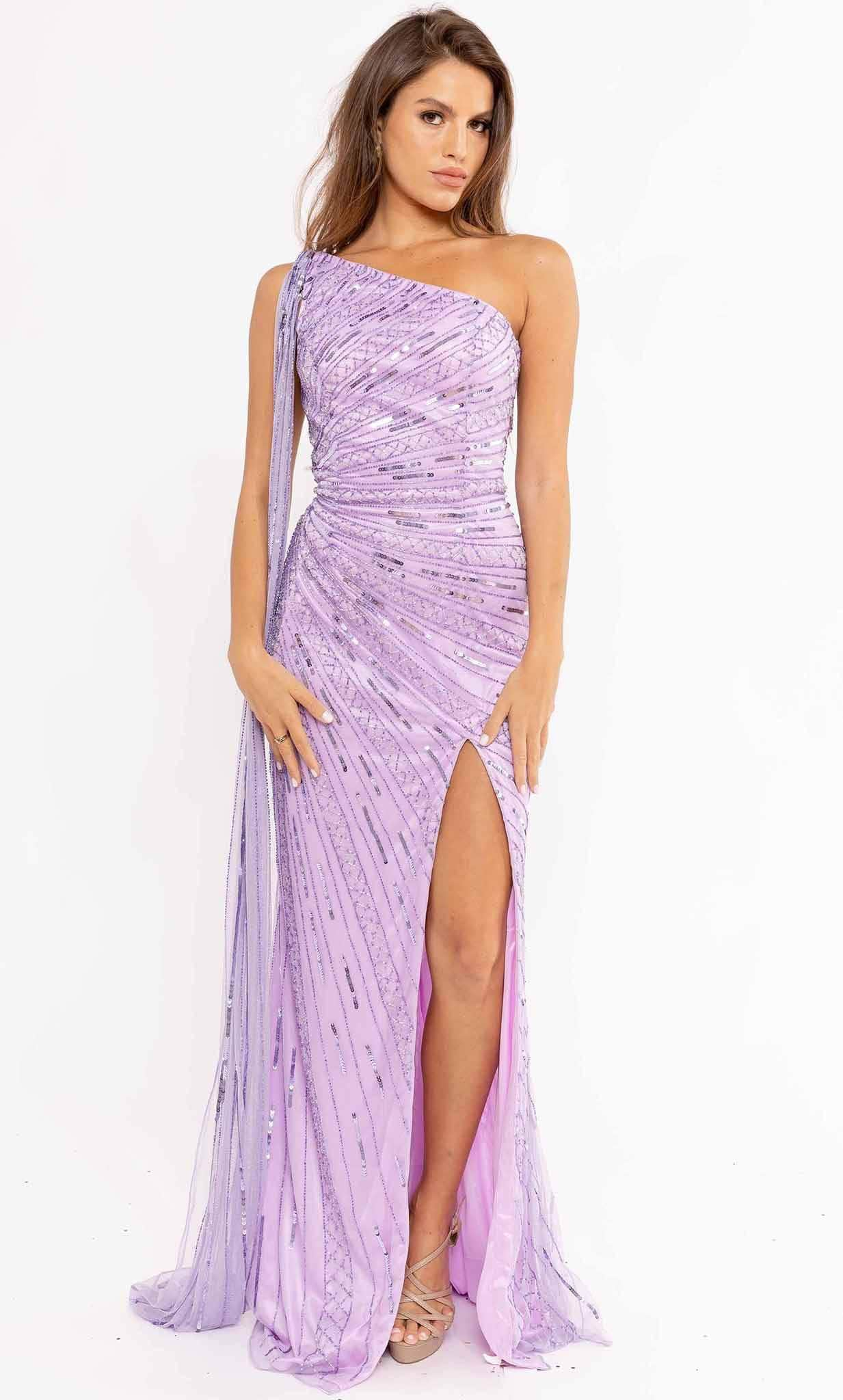 Primavera Couture 3956 - One Shoulder High Slit Gown Evening Dresses 000 / Lilac