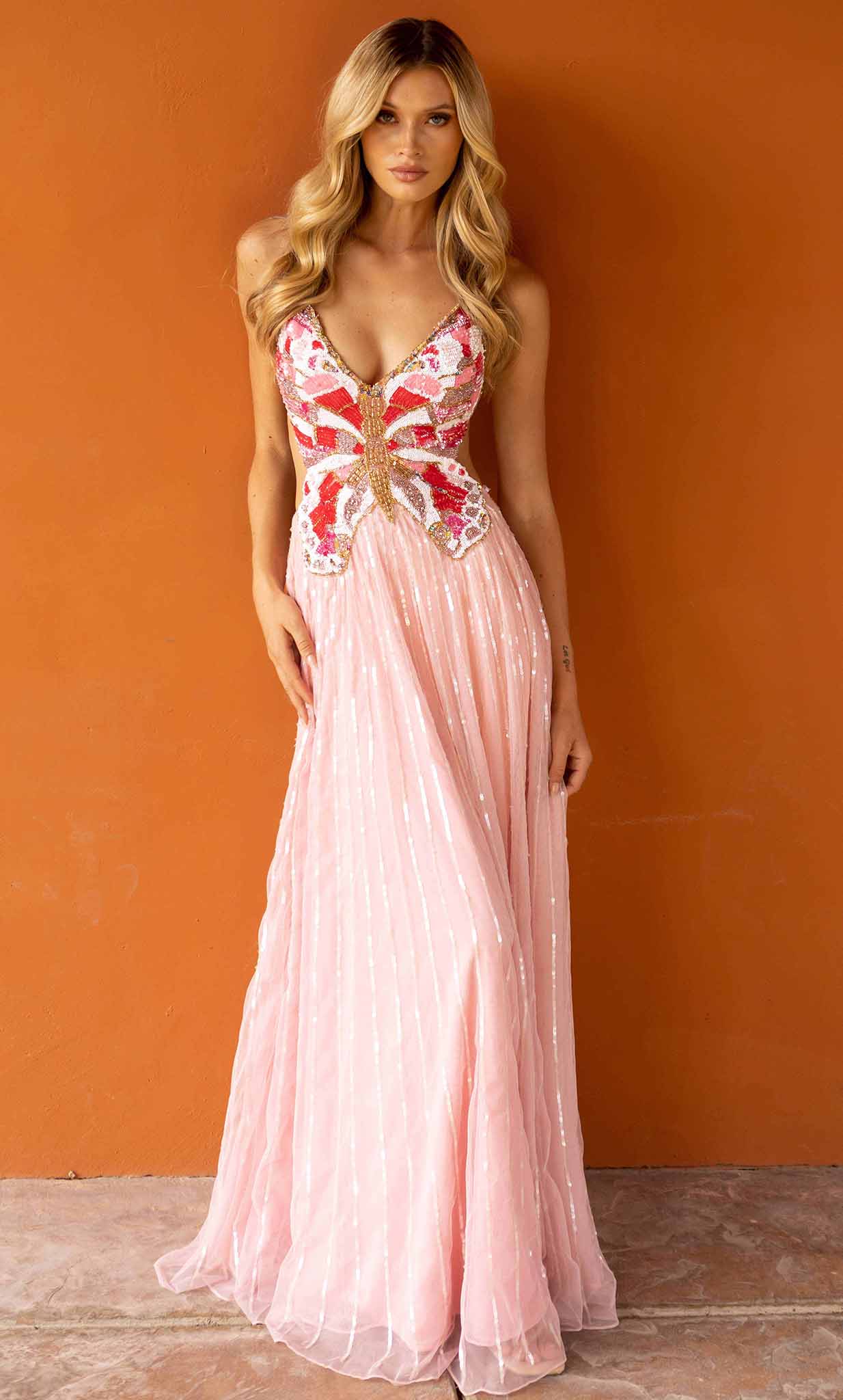 Primavera Couture 3957 - Long A-Line Dress - Sleeveless, Spaghetti Strap, Beaded, Sequin, Side Cutout, Open Back, Back Zipper, Sweep Train ADASA Primavera Couture 3957 - Long A-Line Dress - Sleeveless, Spaghetti Strap, Beaded, Sequin, Side Cutout, Open Back, Back Zipper, Sweep Train ADASA