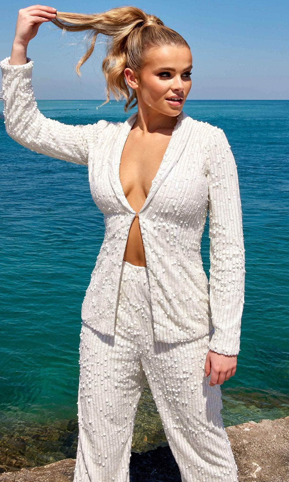 Primavera Couture 4063 - Two Piece Long Sleeve Pantsuit Formal Pantsuits 00 / Ivory