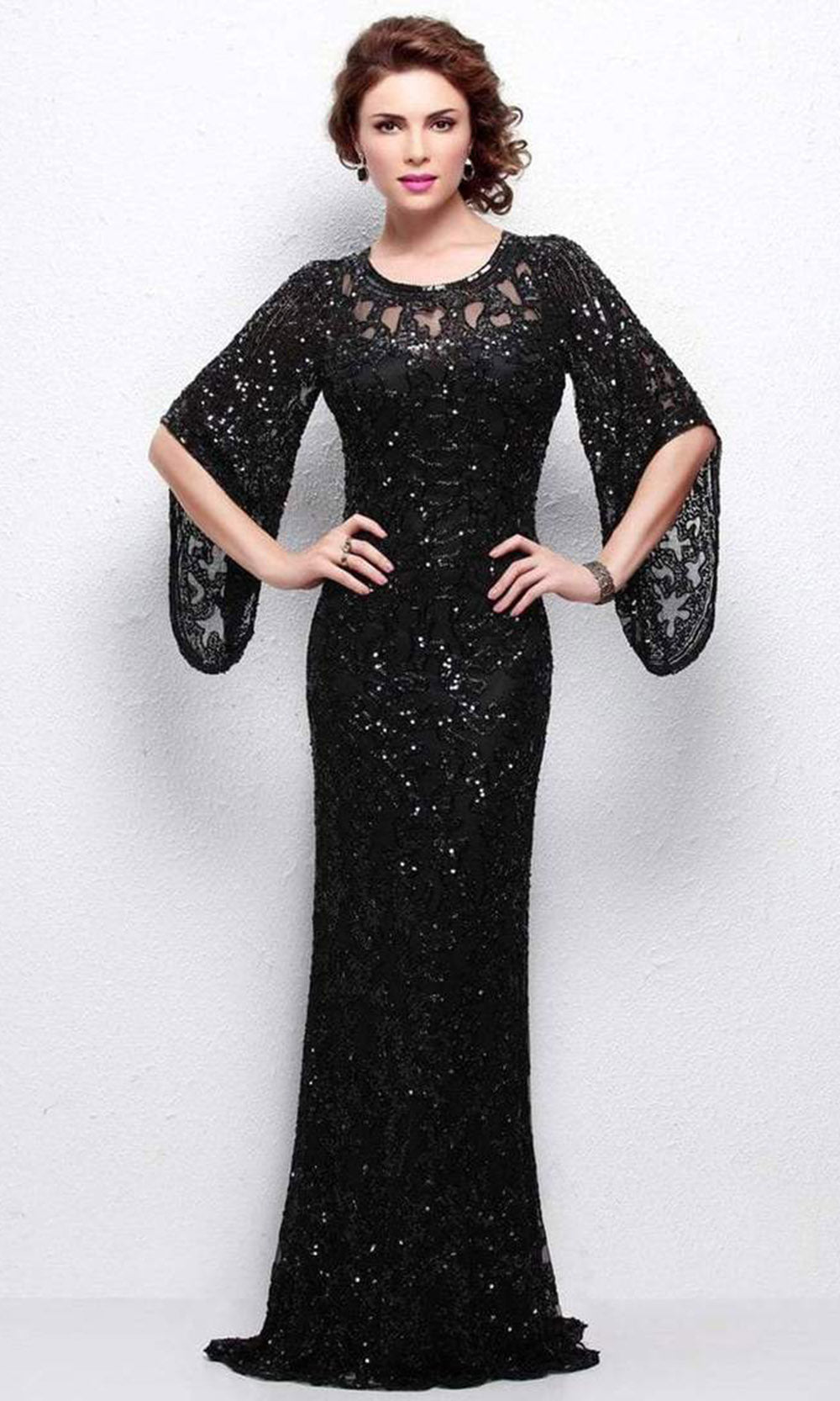 Primavera Couture - 9713 Sequin Flared Sleeve Long Sheath Formal Gown - 1 Pc. Nude in size 24 Available CCSALE 10 / Black