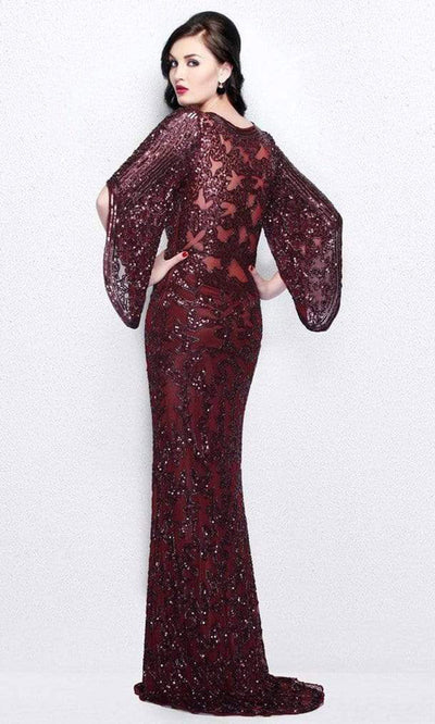 Primavera Couture - 9713 Sequin Flared Sleeve Long Sheath Formal Gown - 1 Pc. Nude in size 24 Available CCSALE In Burgundy