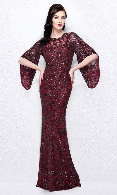 Primavera Couture - 9713 Sequin Flared Sleeve Long Sheath Formal Gown - 1 Pc. Nude in size 24 Available CCSALE In Burgundy