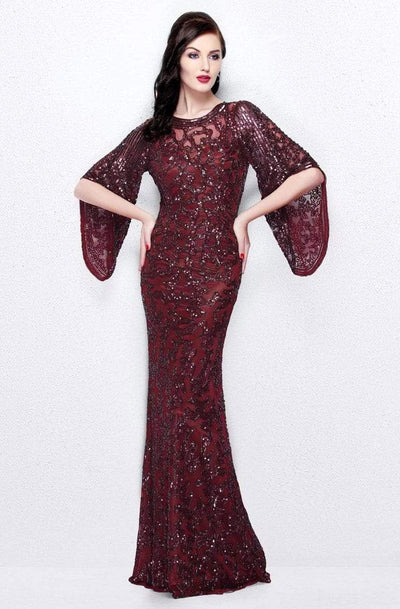 Primavera Couture - 9713 Sequined Flare Sleeve Illusion Sheath Gown Mother of the Bride Dresses 0 / Burgundy
