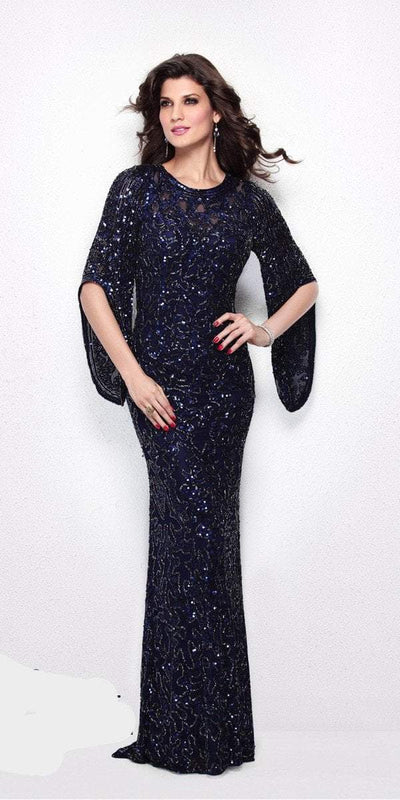 Primavera Couture - 9713 Sequined Flare Sleeve Illusion Sheath Gown Mother of the Bride Dresses 0 / Midnight