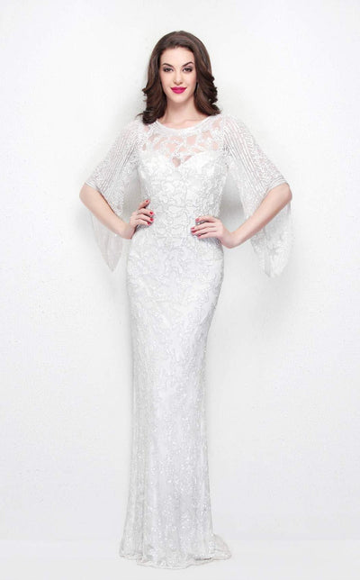 Primavera Couture - 9713 Sequined Flare Sleeve Illusion Sheath Gown Mother of the Bride Dresses 0 / White