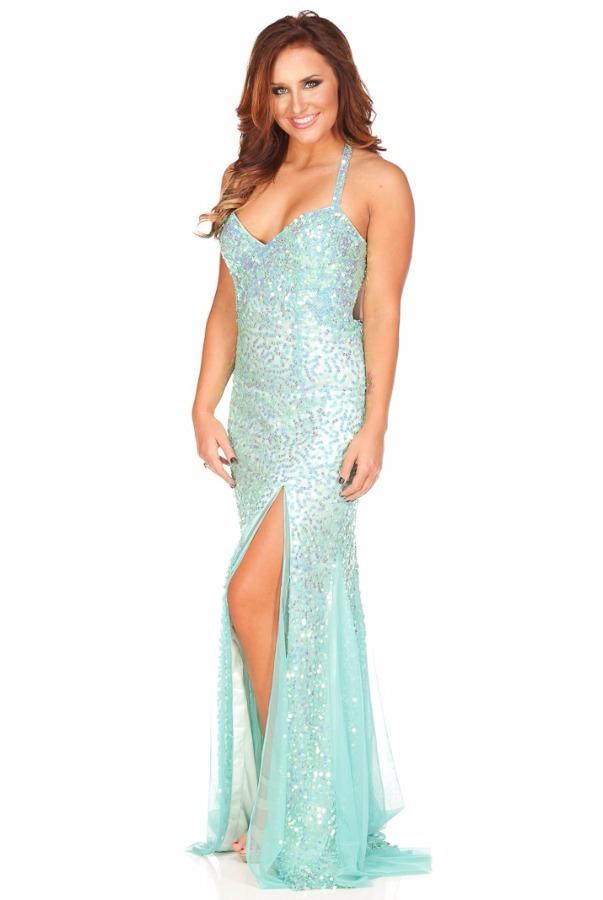 Primavera Couture - 9873 Stunning Sequin Studded Sheath Gown Special Occasion Dress 0 / Aqua
