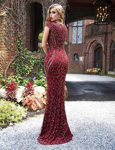 Primavera Couture - Bead Embellished Fitted Evening Gown 3190 - 1 pc Burgundy In Size 20 Available CCSALE 20 / Burgundy