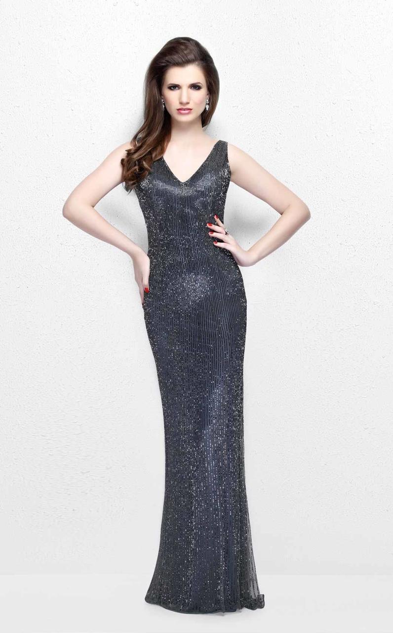 Primavera Couture - Bead Embellished V-Neck Sheath Dress 1259 Special Occasion Dress 0 / Charcoal