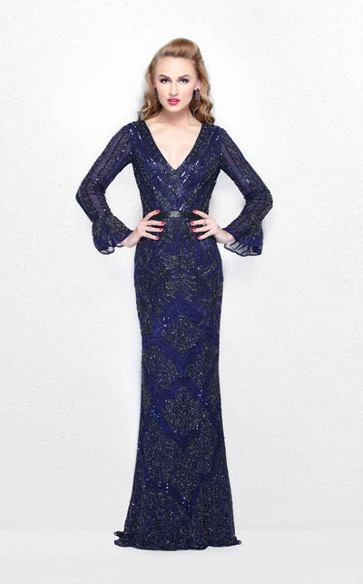 Primavera Couture - Beaded Long Sleeve V-neck Sheath Gown 1724 Special Occasion Dress 00 / Midnight
